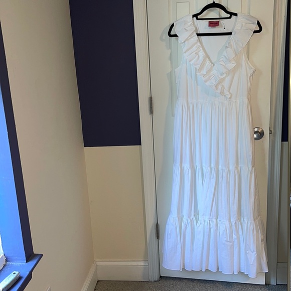 NWOT Kate Spade Poplin Ruffle V Neck Sleeveless Tiered Midi Dress White Size 12 - Picture 7 of 7